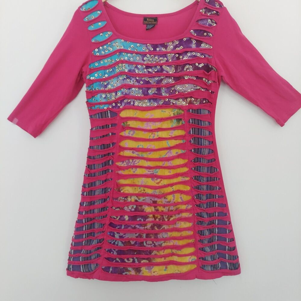 Rising International Boho Dress Womens Size Medium Pink Patchwork Slashed Fabric